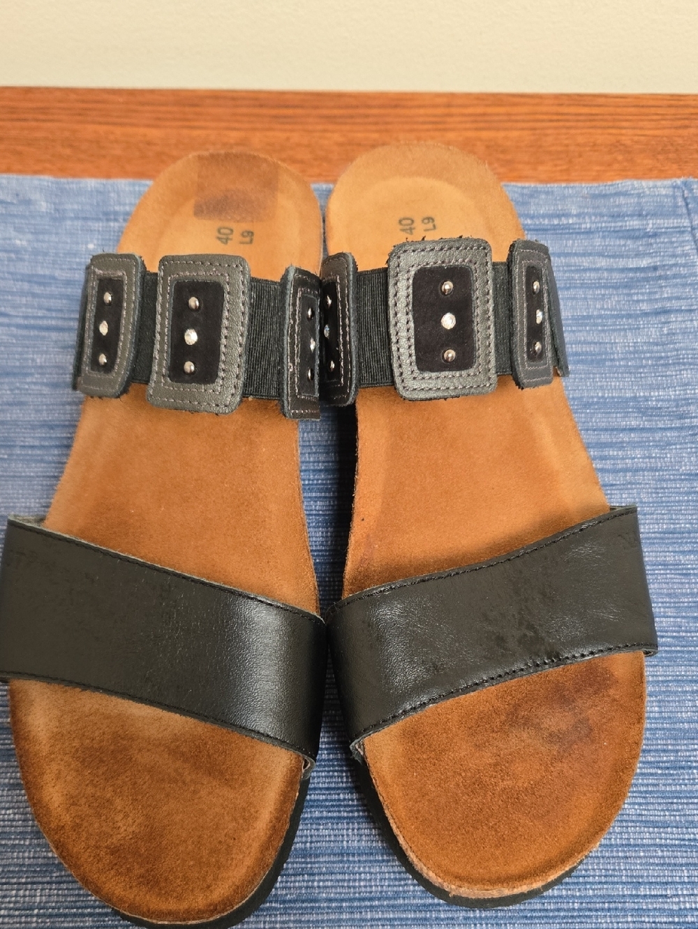 NOAT "Emma" Black Slide Sandals with Rhinestone/Studded Detail